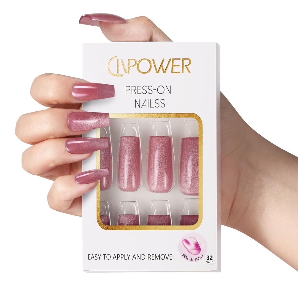 Pink Cat Eye Long Square Press-On Nails